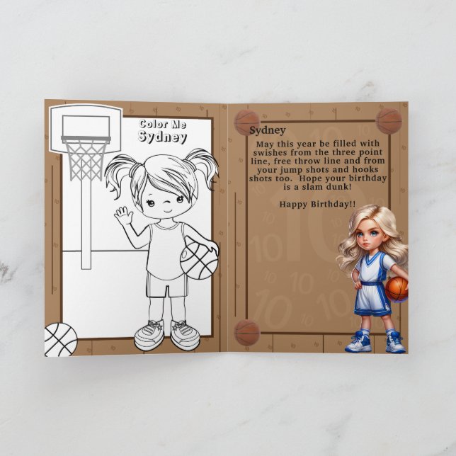 Fun Blonde Girls Basketball Colouring Page Birthda Card (Inside)