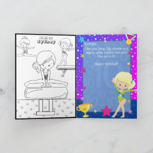 Fun Blonde Girls Gymnastics Colouring Page Birthda Card