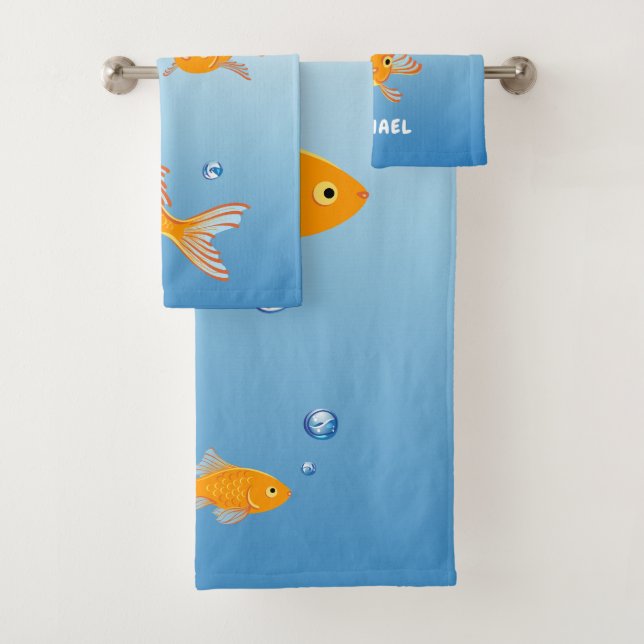 Fun Blue and Orange Goldfish Monogram Name Bath Towel Set (Insitu)