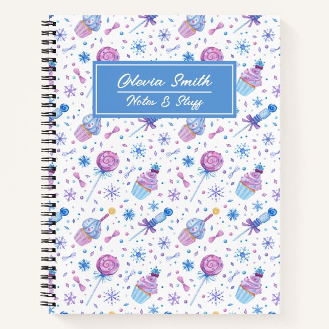 Fun Blue and Purple Snow Cup Cake and Lollipop  Notebook (Front)