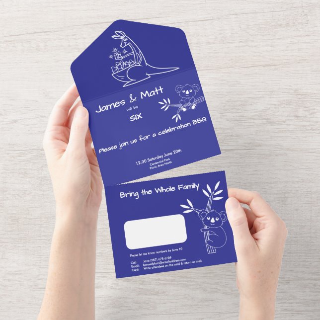 Fun Blue Australian Animals Twins 6th Birthday All In One Invitation (Tearaway)