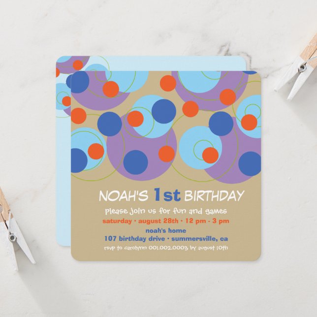 Fun Blue Bubbly Dots Photo Boy 1st Birthday Party Invitation (Front/Back In Situ)