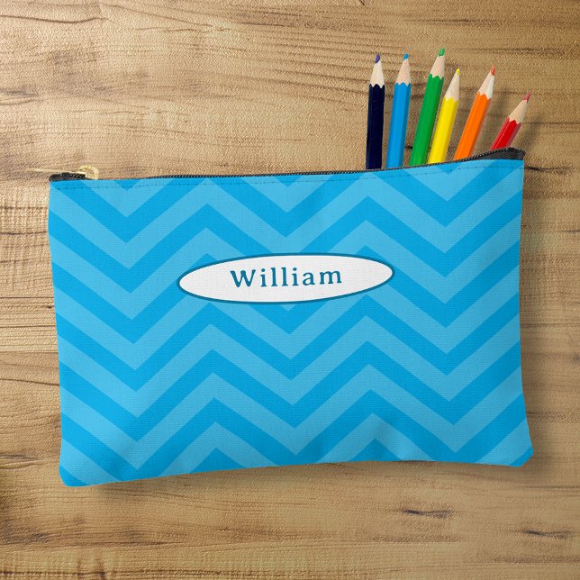 Fun Blue Chevron Pattern Personalised Pencil Case Accessory Pouch (Creator Uploaded)