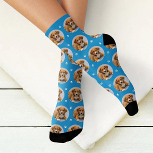 Fun Blue Custom Dog Photo Paw Print Socks