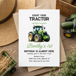 Fun Blue Farm Green Tractor 1st Birthday Party Invitation