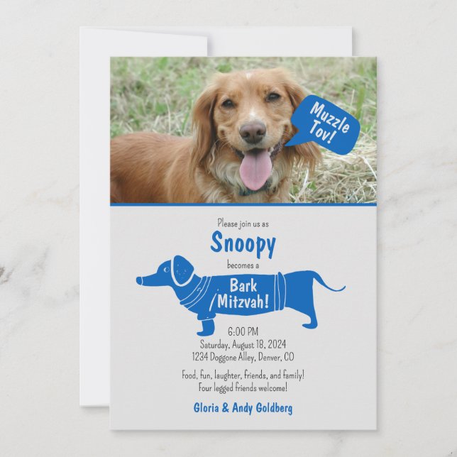 Fun Blue Grey Pet Dog Muzzle Tov Bark Mitzvah Invitation (Front)