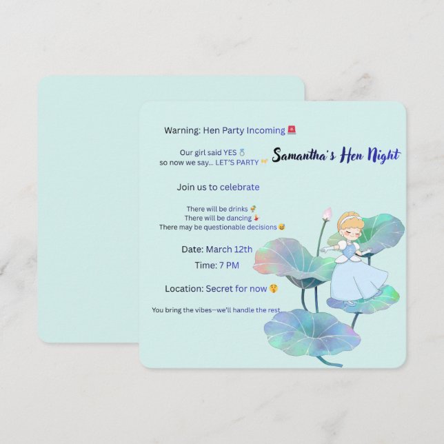 Fun Blue Hen Night Invitation – Playful Bride Illu (Front/Back)