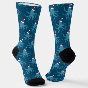 Fun Blue Octopus Santa Hat Christmas Socks