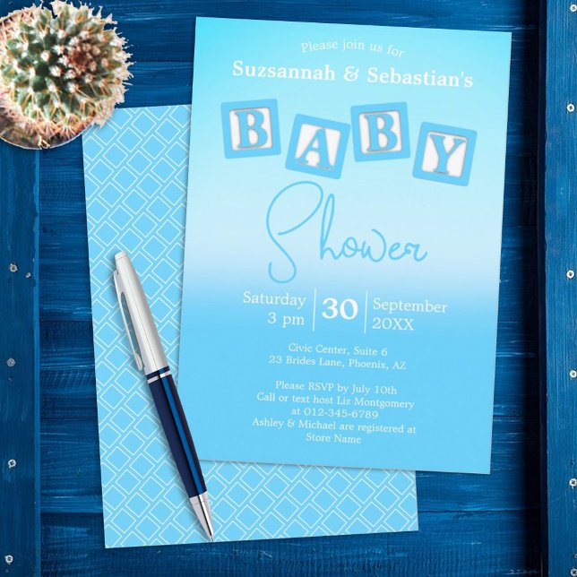 Fun Blue Ombre BABY Boy Blocks Shower Invitation (Creator Uploaded)