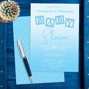 Fun Blue Ombre BABY Boy Blocks Shower Invitation