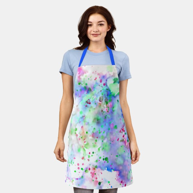 Fun Blue Pink & Green Paint Splatters & Splashes Apron (Worn)