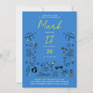 Fun Blue Pool Night Party Cocktail Scribble Doodle Invitation