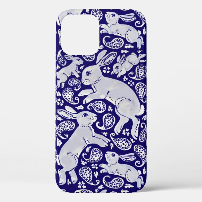 Fun Blue Rabbit Paisley Floral Delft Dedham Animal Case-Mate iPhone Case (Back)