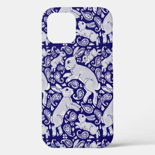 Fun Blue Rabbit Paisley Floral Delft Dedham Animal iPhone 12 Case