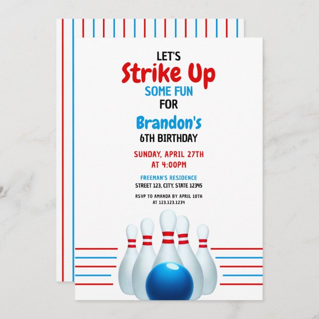 Fun Blue & Red Bowling Kids 6th Birthday Invitation (Front/Back)