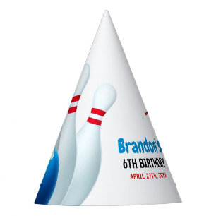 Fun Blue & Red Bowling Kids 6th Birthday Party Hat