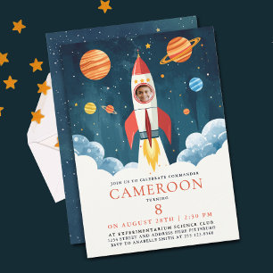 Fun Blue Red Rocket Astronaut Galaxy Space Photo  Invitation