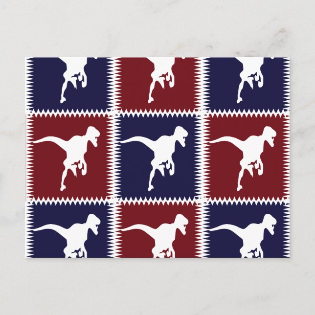 Fun Blue Red T Rex Dinosaur Square Pattern Postcard (Front)