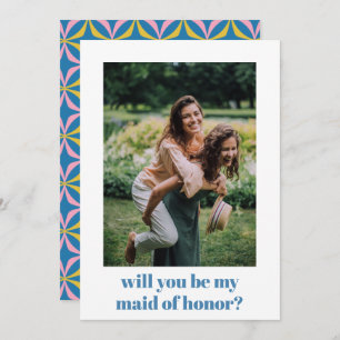 Fun Blue Retro Pattern Maid of Honour Proposal  Card