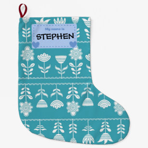 Fun Blue Scandinavian patterned festive Large Christmas Stocking