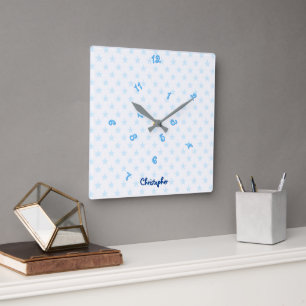 Fun Blue Stars Custom Name Boys Kids Room Decor Square Wall Clock