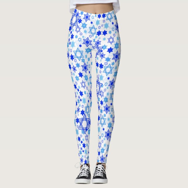 Fun Blue Stars of David Holidays Random Pattern Leggings (Front)