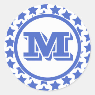 Fun Blue Stars Pattern & Monogram Classic Round Sticker