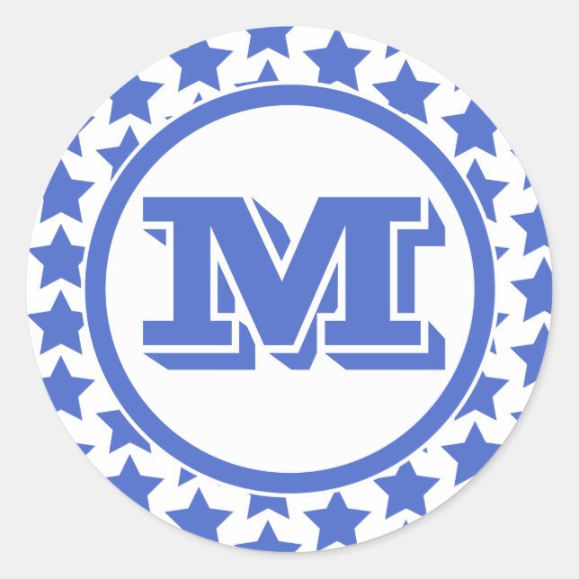 Fun Blue Stars Pattern & Monogram Classic Round Sticker (Front)