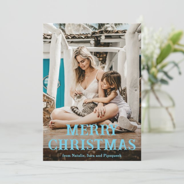 Fun Blue Vintage Font Photo Modern Christmas Holiday Card (Standing Front)