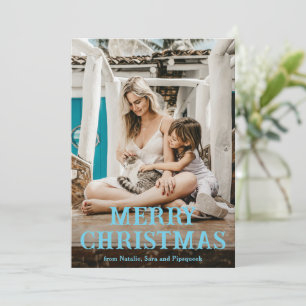 Fun Blue Vintage Font Photo Modern Christmas Holiday Card