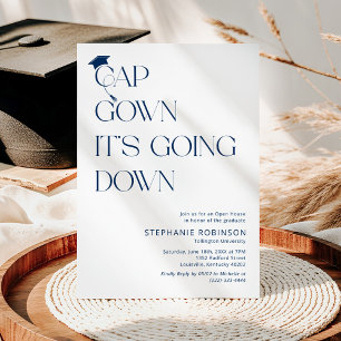 Fun Blue & White Cap, Gown Graduation Invitation