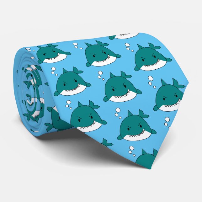 Fun Blue White Shark Pattern Tie (Rolled)