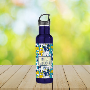 Fun Blue Yellow Dogs Pattern Personalised Name 710 Ml Water Bottle