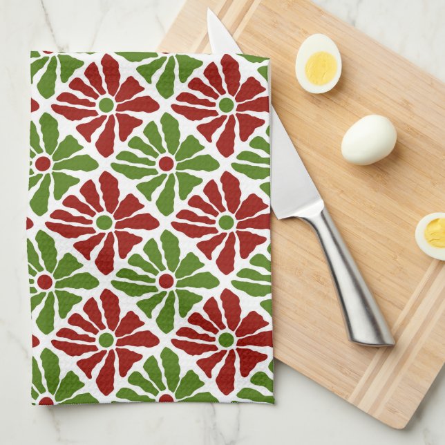 Fun Boho Christmas Hand Drawn Poinsettia Flowers  Tea Towel (Quarter Fold)