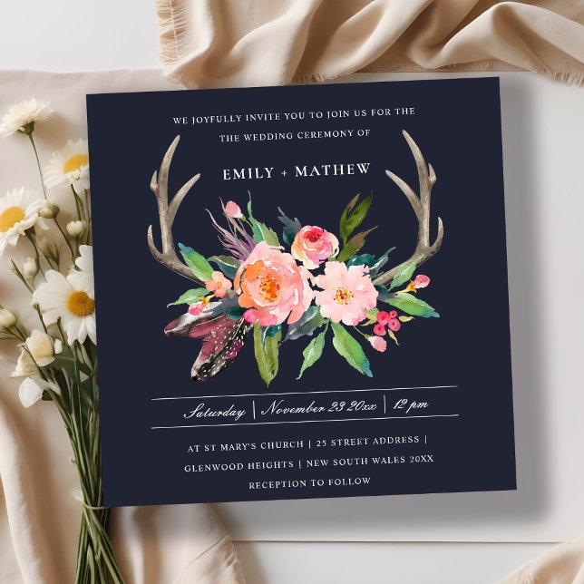 FUN BOHO NAVY BLUSH ANTLER FLORAL COUNTRY WEDDING INVITATION (Creator Uploaded)