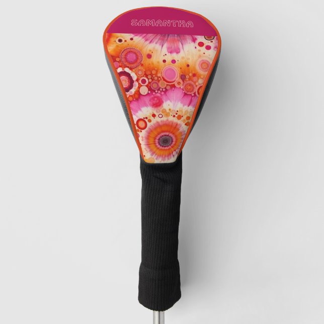 Fun Bold Orange Hot Pink Batik Circles Art Pattern Golf Head Cover (Front)