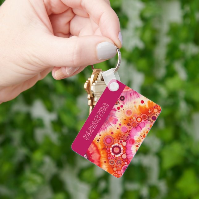 Fun Bold Orange Hot Pink Batik Circles Art Pattern Key Ring (Hand)