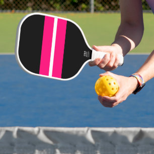 Fun Bold Pink White Centre Stripe Black Background Pickleball Paddle
