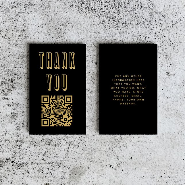 Fun bold thank you QR code Enclosure Card (Bold black and gold thank-you insert card with QR code, displayed on a rustic surface)