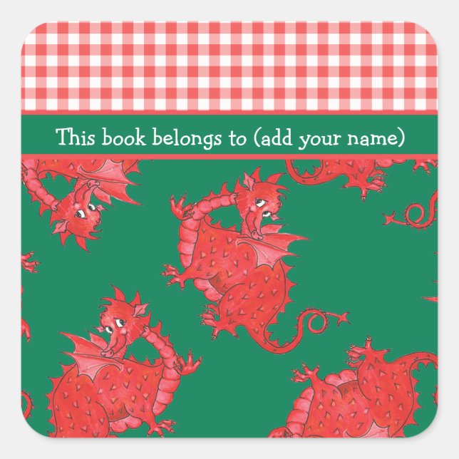Fun Bookplates to Personalise: Cute Red Dragon Square Sticker (Front)