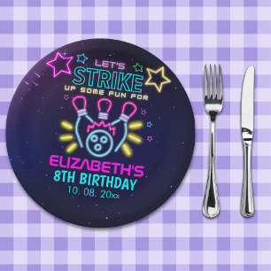 Fun Bowling Neon  Birthday Girl Paper Plate