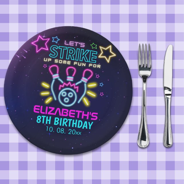 Fun Bowling Neon  Birthday Girl Paper Plate (Creator Uploaded)