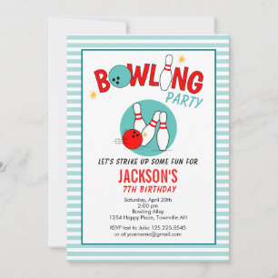 Fun Bowling Party Birthday Invitation teal red