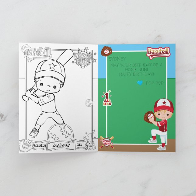 Fun Boys Baseball Colouring Page Happy Birthday Card (Inside)