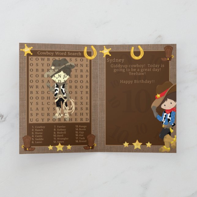 Fun Boys Cowboy Word Search Happy Birthday Card (Inside)