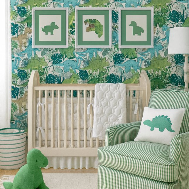 Fun Boys Dinosaurs Blue Green Seamless  Wallpaper (Dinosaur wallpaper in fresh blues and greens creates a bold, playful focal wall for a modern nursery)