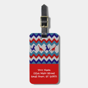 Fun Boys Dinosaurs Red Blue Chevron Pattern Luggage Tag