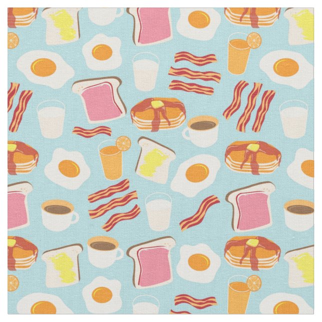 Fun Breakfast Food Illustrations Pattern Fabric (Close Up)