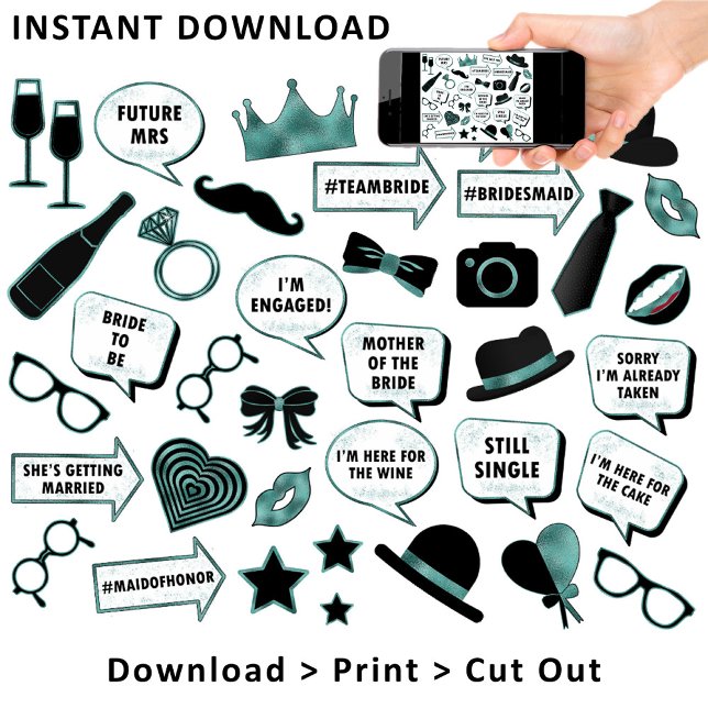 Fun Bridal Shower Photo Booth Teal Printable Props Poster (This is intended for Digital Instant Download / Printable Purchase. Click the "Choose Your Format".)