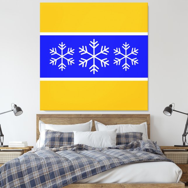 Fun Bright Alpine Blue Yellow Stripes Snowflakes Canvas Print (Insitu(Bedroom))